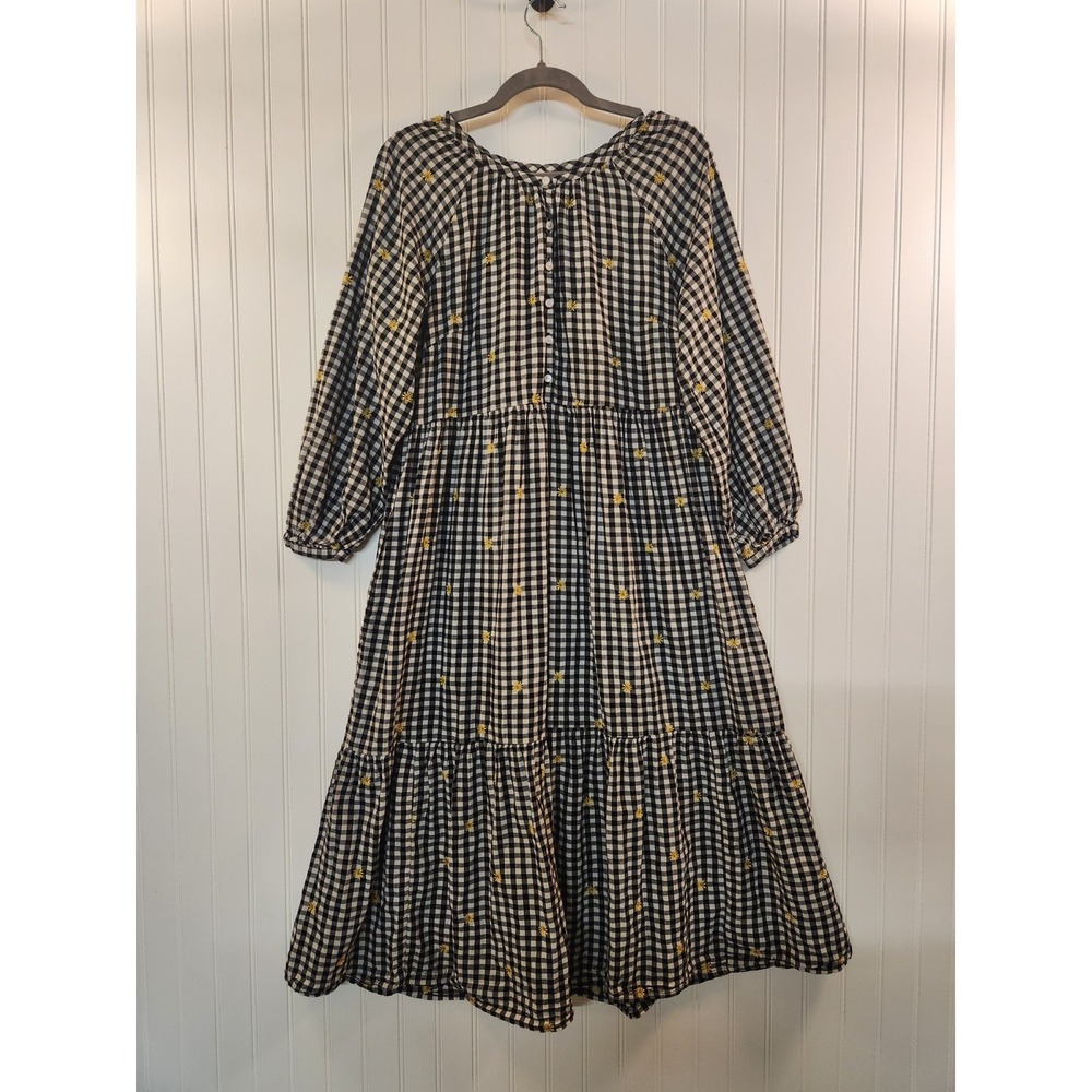 Old Navy Women's B&W Embroidered Flower Gingham Maxi Dress Size M‎ Puff Sleeves